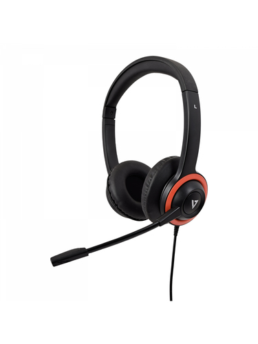 Bild von V7 Safesound Schüler-Headset mit Mikrofon, Lautstärkenbegrenzung, antimikrobiell, 2 m USB-Kabel, Notebook, Computer, PC – schwarz, rot