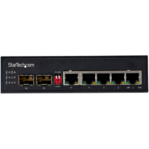 Bild von StarTech.com Industrial 6 Port Gigabit Ethernet Switch - 4 PoE RJ45 +2 SFP Slots 30W PoE+ 48VDC 10/100/1000 Power Over Ethernet LAN Switch -40&deg;C bis 75&deg;C Hutschienenmontage