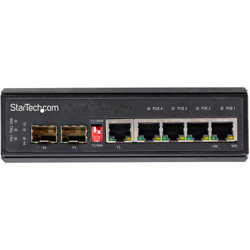 Bild von StarTech.com Industrial 6 Port Gigabit Ethernet Switch - 4 PoE RJ45 +2 SFP Slots 30W PoE+ 12-48VDC 10/100/1000 Power Over Ethernet LAN Switch -40&deg;C bis 75&deg;C Hutschienenmontage