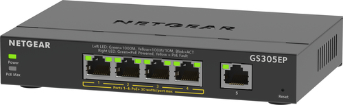 Bild von NETGEAR GS305EP Switch 5 Port Gigabit Ethernet LAN PoE Switch Plus (mit 4x PoE+ 63W, Managed Netzwerk Switch mit IGMP Snooping, QoS, VLAN, lüfterloses Metallgehäuse)