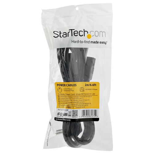 Bild von StarTech.com 2 m Computer Y Stromkabel, 18AWG, EU Schuko auf 2x C13, 10A 250V, Ersatz AC Stromkabel Y Splitter, Drucker Stromkabel, PC Netzkabel, Monitor Stromkabel - UL gelistet