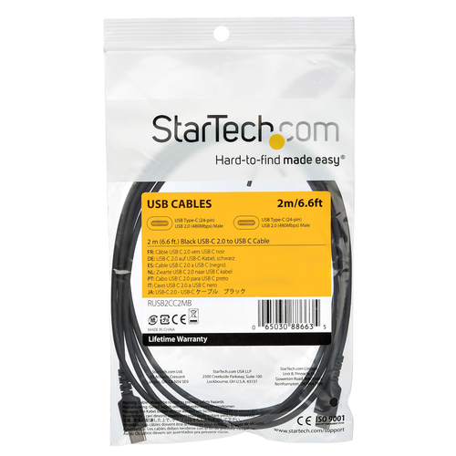 Bild von StarTech.com 2m USB-C Ladekabel - Langlebiges USB 2.0 Typ C zu USB C Datenübertragungs-/Schnellladekabel - TPE Mantel Aramidfaser M/M 60W Schwarz - Samsung S10 S20 iPad Pro MS Surface