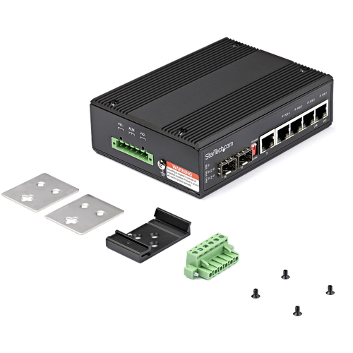 Bild von StarTech.com Industrial 6 Port Gigabit Ethernet Switch - 4 PoE RJ45 +2 SFP Slots 30W PoE+ 12-48VDC 10/100/1000 Power Over Ethernet LAN Switch -40&deg;C bis 75&deg;C Hutschienenmontage