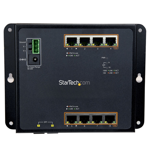 Bild von StarTech.com Industrial 8 Port Gigabit PoE+ Switch m/2 SFP MSA Slots - 30W - Layer/L2 Switch GbE Managed - Rugged High Power Gigabit Ethernet Network Switch IP-30/-40 C bis 75 C