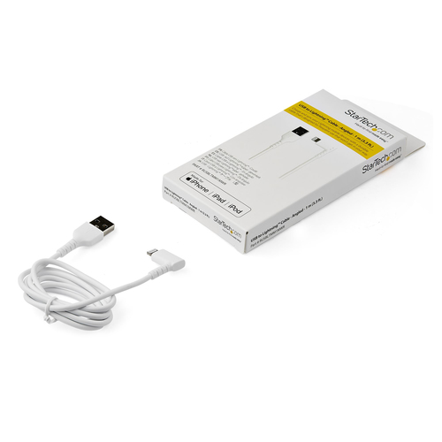 Bild von StarTech.com 1m strapazierfähiges weißes USB-A auf Lightning-Kabel - 90° rechtwinkliges USB Lightning Ladekabel mit Aramidfaser - Synchronisationskabel - Apple MFi-zertifiziert iPad/iPhone 12