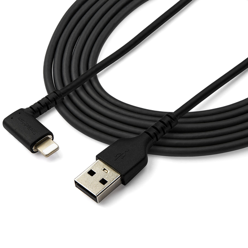 Bild von StarTech.com 2m strapazierfähiges schwarzes USB auf Lightning-Kabel - 90° rechtwinkliges USB Lightning Ladekabel mit Aramidfaser - Synchronisationskabel - Apple MFi-zertifiziert iPad/iPhone 12