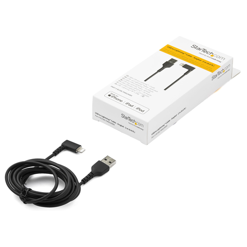 Bild von StarTech.com 2m strapazierfähiges schwarzes USB auf Lightning-Kabel - 90° rechtwinkliges USB Lightning Ladekabel mit Aramidfaser - Synchronisationskabel - Apple MFi-zertifiziert iPad/iPhone 12