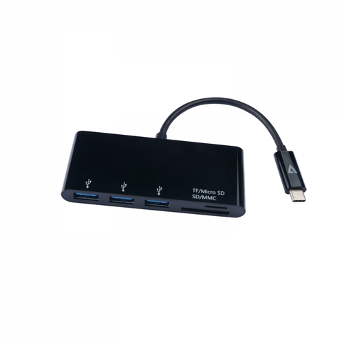 Bild von V7 USB-Adapter USB-C (m) auf 3x USB 3.0 A (f), MicroSD, SD/MMC, schwarz