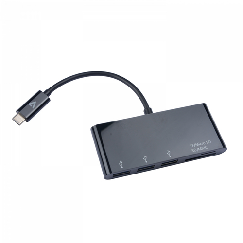 Bild von V7 USB-Adapter USB-C (m) auf 3x USB 3.0 A (f), MicroSD, SD/MMC, schwarz