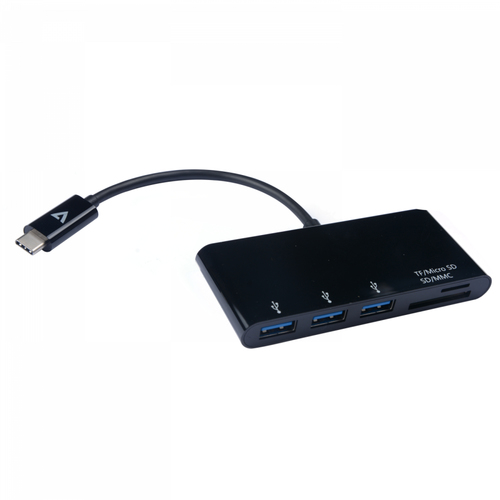 Bild von V7 USB-Adapter USB-C (m) auf 3x USB 3.0 A (f), MicroSD, SD/MMC, schwarz