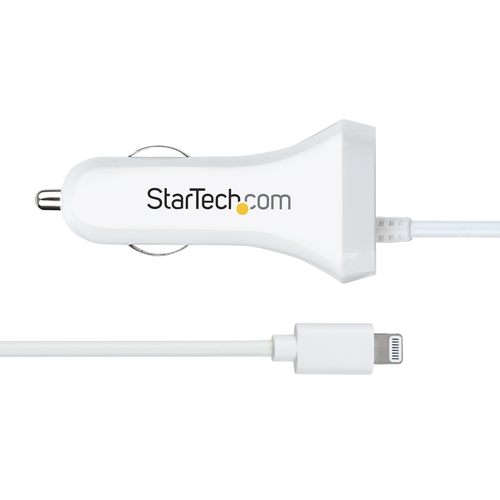 Bild von StarTech.com Zigarettenanzünder USB Ladegerät mit Lightning Spiralkabel, 1m Spiralkabel, 12W, 2 Port USB Auto Ladegerät Adapter für Handy und Tablet, Dual Kfz USB Schnellladegerät