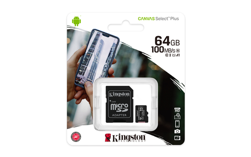 Bild von Kingston Technology 64GB micSDXC Canvas Select Plus 100R A1 C10 Speicherkarte + Adapter