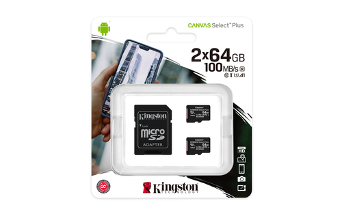 Bild von Kingston Technology 64GB micSDXC Canvas Select Plus 100R A1 C10 Doppelpack + Einzel-Adapter