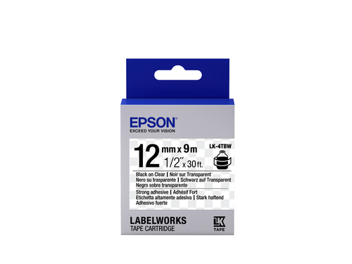 Bild von Epson Etikettenkassette LK-4TBW - Stark haftend - schwarz auf transparent - 12mmx9m