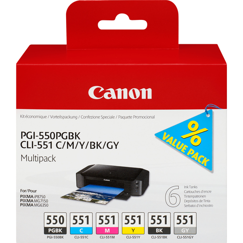 Bild von Canon PGI-550/CLI-551 PGBK/C/M/Y/BK/GY Multipack mit 6 Tinten