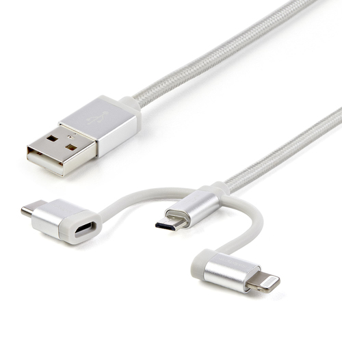 Bild von StarTech.com 1m USB-Mehrfachladekabel - USB auf Micro-USB oder USB-C oder Lightning für iPhone / iPad / iPod / Android - Apple MFi-zertifiziert - 3-in-1-USB-Ladegerät - Geflochten
