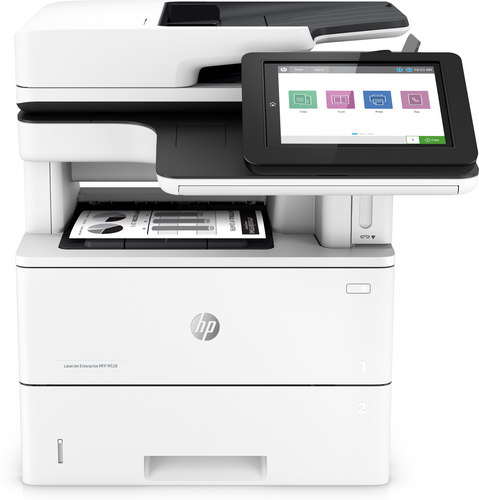 Bild von HP LaserJet Enterprise M528f MFP, Drucken, Kopieren, Scannen, Faxen, Drucken über die USB-Schnittstelle an der Vorderseite des Druckers; Scannen an E-Mail; Beidseitiger Druck; Beidseitiges Scannen